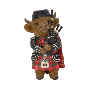 Highland Cattle Bagpiper – Scottish Figurine Ornament